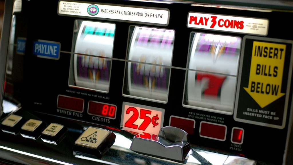 Close-up of a three-reel 25-cent slot machine