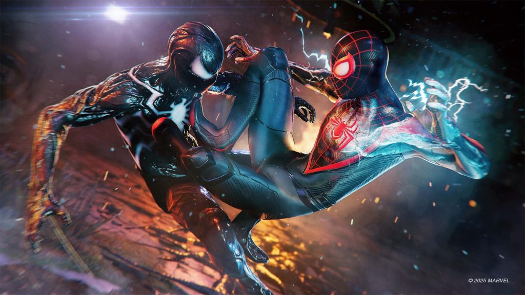 Peter Parker in the black symbiote suit grapples with Miles Morales in Marvel's Spider-Man 2