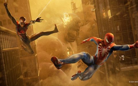 Peter Parker and Miles Morales swing through a smoky, golden-lit New York street in Marvel's Spider-Man 2