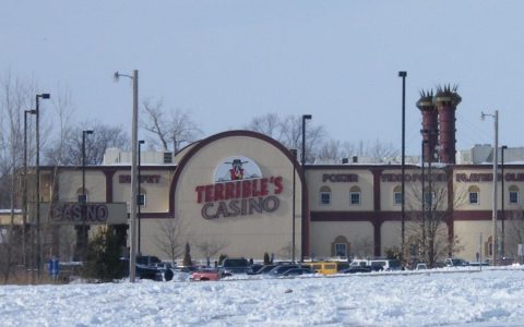 The St. Jo Frontier Casino building in St. Joseph, Missouri, with a snowy parking lot in front