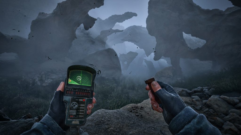 First-person view of hands holding a handheld detector and a bolt among strange twisted rock formations