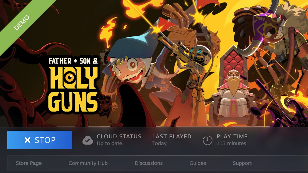 Steam library page for the Father, Son and Holy Guns demo showing 113 minutes of play time