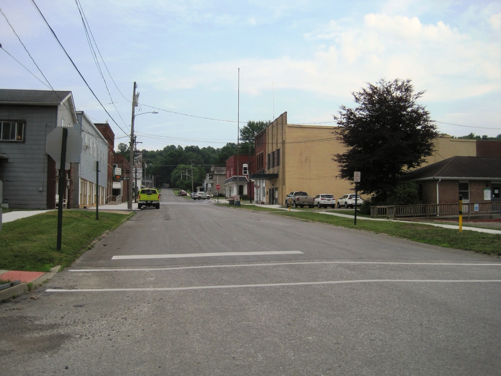 A quiet street lined with small buildings in Stoneboro, Pennsylvania
