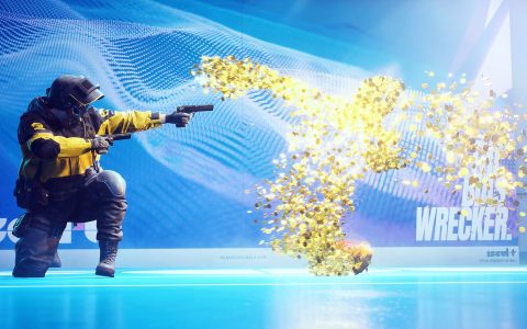 A helmeted contestant fires a pistol as an opponent bursts into gold coins on a bright blue stage