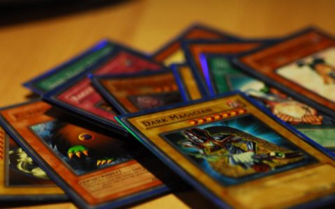 A fan of Yu-Gi-Oh! trading cards on a table