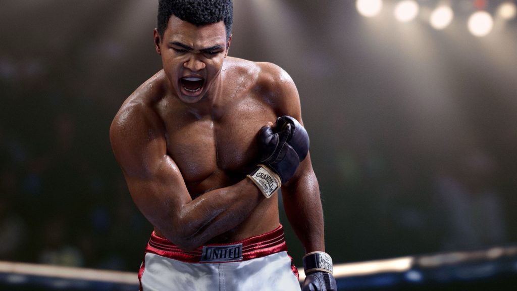 Muhammad Ali, shouting with gloves raised, as he appears in EA Sports UFC 5