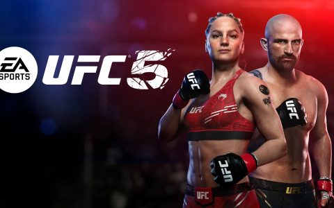 Valentina Shevchenko and Alexander Volkanovski in fight gear beside the EA Sports UFC 5 logo