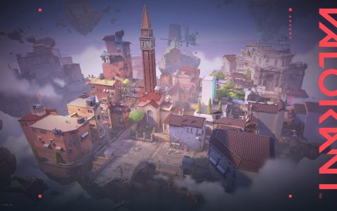 The Valorant map Ascent, a floating Italian-style town with a bell tower, next to the Valorant logo