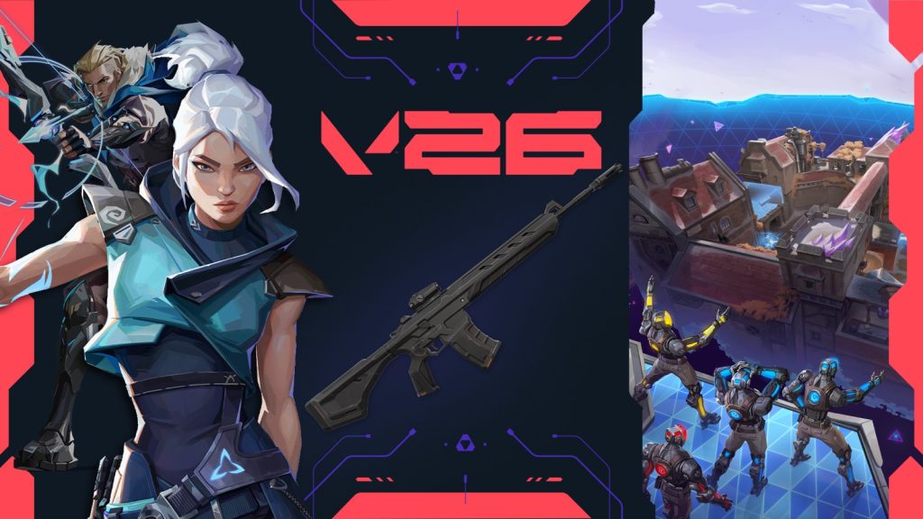 Valorant artwork showing a white-haired agent, a rifle and a group of agents on a floating map