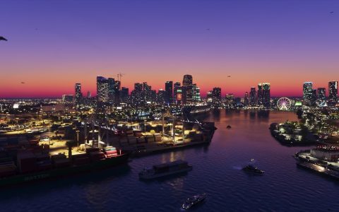 The Vice City skyline and waterfront lit up at dusk in Grand Theft Auto VI