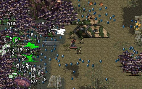 Warhammer Survivors gameplay with a tank and soldiers fighting a swarm of enemies