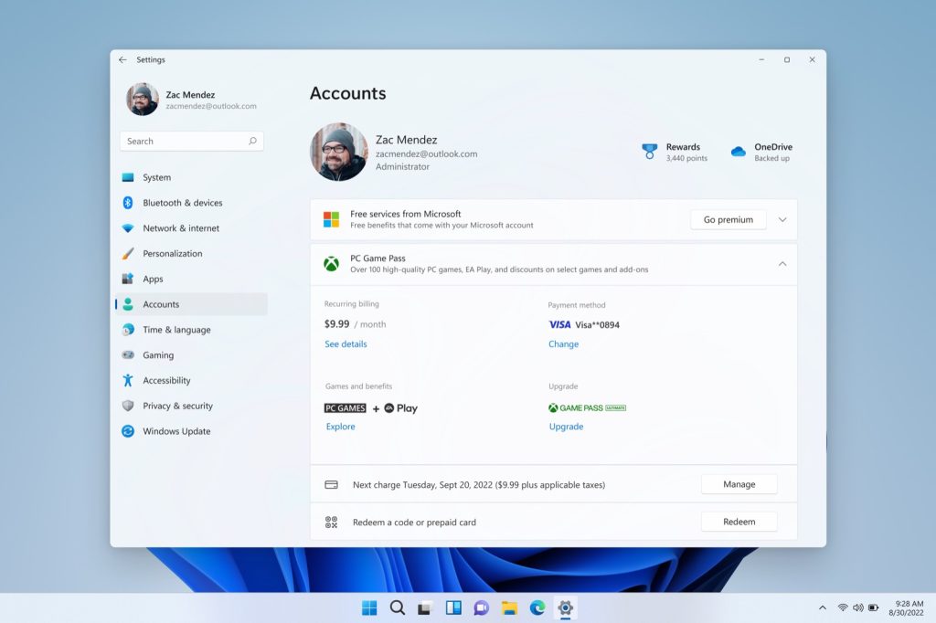 The Windows 11 Settings Accounts page showing a PC Game Pass subscription with billing, payment, benefits and upgrade options
