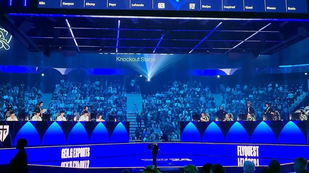 Gen.G and FlyQuest players on stage during the 2024 Worlds quarterfinals