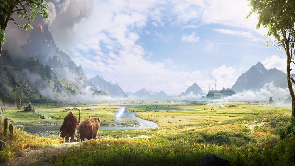 Two travelers and a bear look out over green grassland, a river and distant mountains